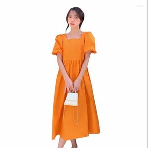 Casual Dresses Fashion Women Summer Dress 2022 Square Neck Puff Sleeves Orange Backless Female Bellflower Fat Mm Mid Length