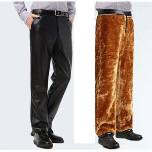 Men's Pants Winter 2022 Indoor Fleece Thicken Casual Business Black Straight Slim Fit PU Leather Wool Middle-aged Men Warm Plus Size 29-45