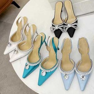 High Heeled Sandals Heels Shoe Womens Shoes Pointed Shoes Denim 100% Leather Summer Women Fine Heel Sexy Pearl Satin Cloth Lady Diamonds Large