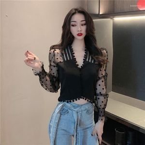 Women's Blouses Women's & Shirts Ladies Polka Dot Mesh Blouse Women Black White Short Blusas Long Sleeve Crop Top Sexy V-Neck