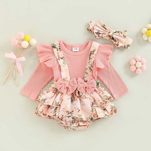 Rompers Baby Girls Autumn Elastic Jumpsuit Outfit Flowers Cotton Ribbed Casual Long Sleeve Splicing Rompers Headband Set J220922