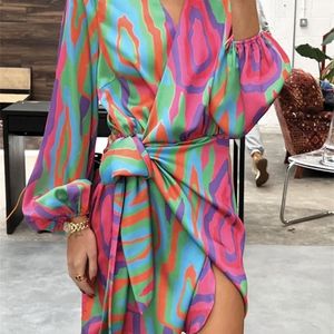 Casual Dresses Elegant V-Neck Lace Up Printed Dress Women Lantern Sleeve Split Hip Package Ladies Summer Floral Female Vestido 221007