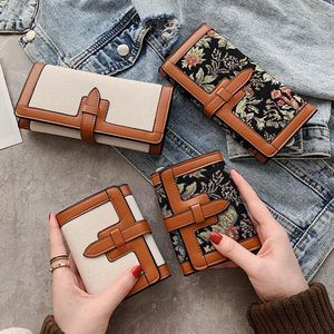 財布 2022 女性の高級三つ折りデザイナー刺繍花キャンバスソフトロングショート財布ガールズファッションカードホルダークラッチ