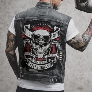 Gilet da uomo Gilet di jeans da uomo Stampa teschio Motociclista Punk Hip Hop Top Gilet Foro strappato Cotone senza maniche Giacca di jeans Uomo 221008