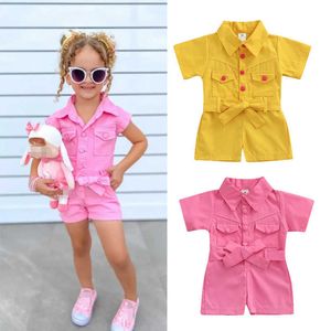 Rompers 2022 Summer Kid Girl Playsuit Solid Kolor Turndown Kołnierz Przycisk Przycisk Kieszenie kombinezon zwykły prosty styl krótkie 15Y J220922