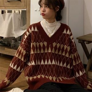 Kadın Örgü Tees Sweaters Kadınlar Vintage Argyle Kore Allmatch Chic Vneck bayanlar Stilovers Öğrenci Tembel Stil Kış Kadın Kazak 221007