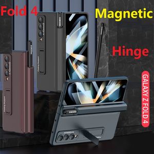 Magnetic Hinge Cases For Samsung Galaxy Z Fold 4 Case Glass Film Screen Protector Side Pen Holder Stand Cover