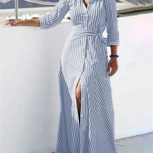 Sukienki swobodne mody kobiety lapelowe pasiastki zanzea jesienne guziki długiego rękawu maxi elegancka koszula vestidos femme sundress 221007