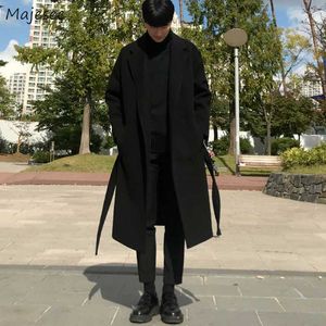 Men's Fur Faux Fur Men Black Wool Blends Coats Vintage Japan Style Loose Sashes Casual Harajuku Outwear Over Knees All-match Thickening Warm Korean T221007