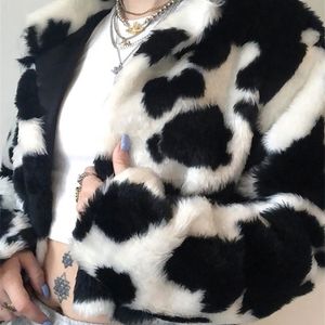 Women's Fur Faux Goth Dark Punk Style Gothic Crop Coats Fashion Color Blocking Long Sleeve Women Cardigan Jackets Warm Streetwear 221008