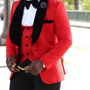 Red/White Jacquard Tuxedos Black Velvet Shawl Lapel Groomsmen Wedding Dress Excellent Man Jacket Blazer 3 Piece Suit