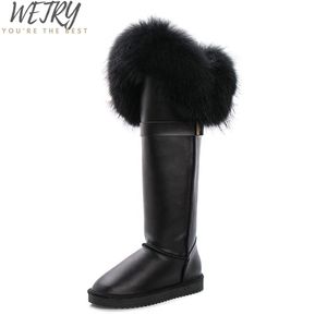 ブーツ冬の自然な黒い毛皮の雪牛本物の革膝膝高長い防水性アライグマの女性221007