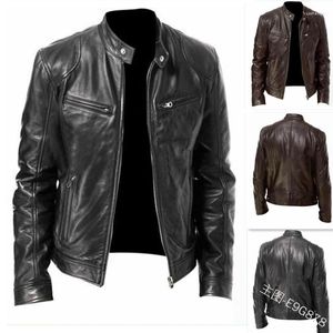 Men's Jackets Men's 2022 Fashion Leather Jacket Slim Stand Collar PU Men Windproof Motorcycle Lapel Diagonal Zip 5XL