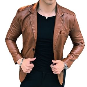 Herrläder faux herrar blazer jacka jackor vinter och höst koreansk stil smal trend pu 221007