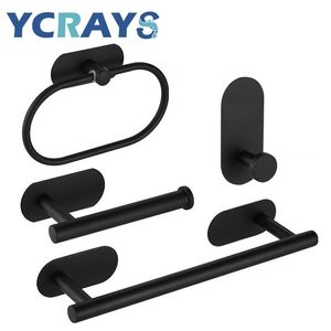 Towel Racks No Drilling Black Bathroom Accessories Sets Toilet Tissue Roll Paper Holder Rack Bar Rail Ring Robe Clothes Hook Hardware 221007