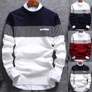 Męskie swetry 1PC moda mężczyzn blok kolorów patchwork o szyja długie rękaw Sweter Top Bluzka poliestrowy Spandeks swobodny ciepły sweter męski 221008