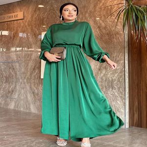 Ethnische Kleidung Frauen 2 stücke Sets Passenden Satin Elegante Plain Tops Lange, Breite Bein Hosen Anzug Muslimischen Dubai Islamischen bescheidenen Abaya Ramadan Outfits 221007