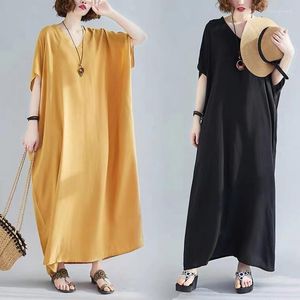 Party Dresses Spring Summer Women Bohemian V-neck Short Sleeved Cotton Silk Drape Long Solid Color Robe Loose Casual DressesParty