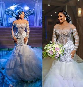 Plus Size Mermaid Wedding Dresses Sheer Neck Bridal Gown Custom Made Pearls Jewel Beads Tiered Ruffles Wedding Gowns