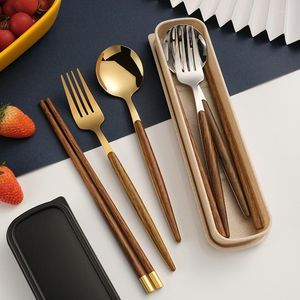 Dinnerware Sets Wooden Handle Spoon Fork Chopsticks Stainless Steel Western Knife Dessert Portable Tableware Set Kitchen Supplies