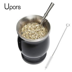 Mugs UPORS Yerba Mate Cup 304 Stainless Steel Double Wall 8oz Argentine Yerba Mate Gourd With Bombillas and Cleaning Brush 221008