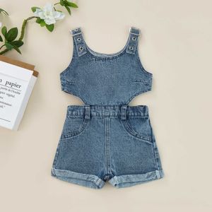 rompers 6m4y Kids Girls Fashion Denim Phemsuit playsuit solid color Jarretel Sloyveless Hollow Out Summer Shorts Outfit J220922