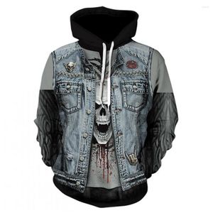 Heren Hoodies unisex Cool Hoodie 3D Print Horror Skull Denim Jacket Punk Clothing Sweatshirt Heavy Metal Locomotive Fashion Hip-Hop Coat