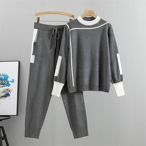 Womens Two Piece Pants Autumn Runway 2 Pieces Set Sticked Long Sleeve Pullovers Tröja Casual Patchwork Fashio Jumper Tops and Pants Suits Spring 221007