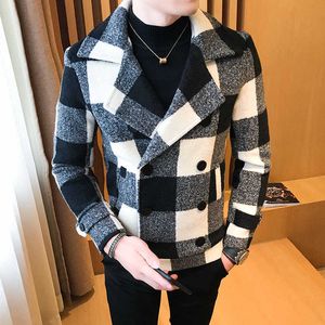 Men's Fur Faux Fur Men's Short Woolen Coat for Fall/winter 2022 High-quality Fashion Men's Double-breasted Plaid Business Casual Thick Warm Jacket T221007