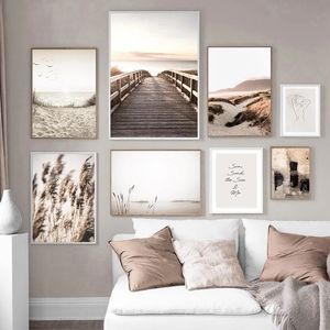 Картина холст скандинавский природная ландшафт Бохо цветок пампас трава мост пляж Сансет Стена Плака