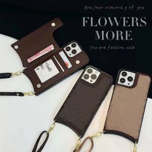 Läderdesigner iPhone -fodral med rem för mobiltelefon 14 13 12 11 Pro Max Luxury Cases TPU Protective Shock Säkert omslag Fashion Wowen -omslag med korthållare Brown US UK