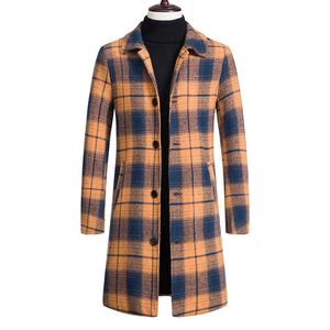 Casaco masculino de pele sintética com lapela corta-vento médio longo casaco de lã inverno quente moda treliça slim fit mistura de lã casaco longo roupas masculinas T221007