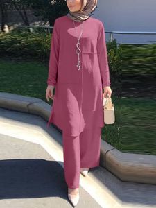 Ubranie etniczne muzułmańskie dwuczęściowe zestawy Zanzea Kobiet destytut elegancka bluzka z długim rękawem szerokie nogi spodnie solidne luźne wyprzedzenia 2pcs Urban Suit 221007