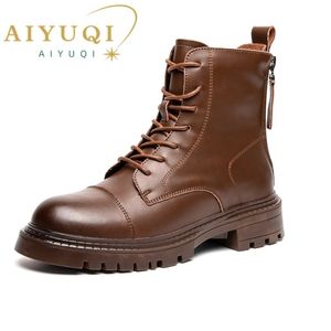 Boots Women Ankle Genuine Leather British Style 2022 Winter Fashion Thick Bottom Laceup Short 221007