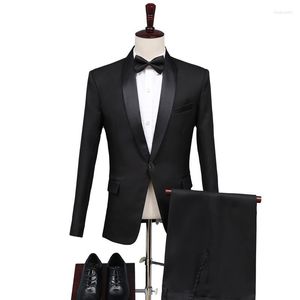 Men's Suits Tailored Black/White Blazer Trousers Men's Set Satin Shawl Lapel Wedding Outfits Business Party Wear 2Pcs Jacket Pants Tie