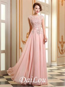 Party Dresses A-Line Empire Elegant Prom Formell aftonklänning Illusion Neck ärmlös golvlängd Georgette pärlspets med applikationer