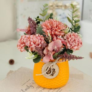 Fleurs décoratives BONSAI ARRIFICIAL FAUILLE Hortensia Chrysanthemum English Wood Chip Bow Design en céramique Potted Home Desktop Wedding