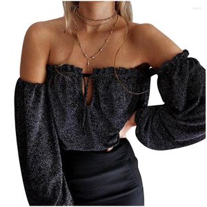 Kvinnors blusar Kvinnors skjortor Blusa Femininas 2022 Autumn Winter Winter Sexiga kvinnor damer Glitter svart solid shirred off axel toppar