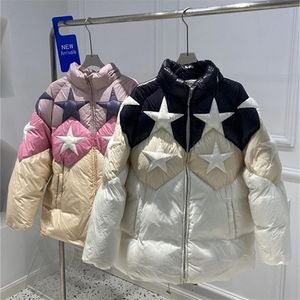 Womens Down Parkas Women mode Fivepointed Star Mönster Down Jacket dragkedja upp dold huva överdimensionerade pufferrockar avslappnade kvinnliga vinter parkas 221007