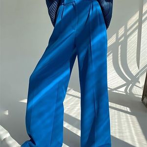 Kadın Pantolon Capris Clacive Mavi Ofis Kadın Moda Gevşek Tam Uzunlukta Bayanlar Kadınlar için Günlük Yüksek Bel Geniş 221007