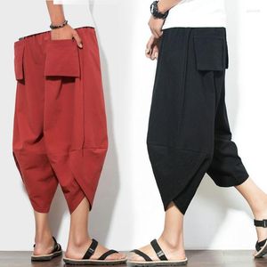 Men's Pants 3/4 Men Capri Drop Crotch High Waist Baggy Cropped Trousers Harajuku Harem Summer Cotton Linen Joggers