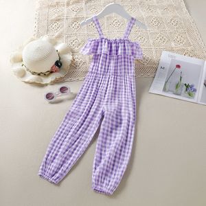 Rompers Fashion Toddler Girls Summer Sling Jumpsuit Purple Sleeveless Off Shoulder Ruffle Plaid Print Romper Kid Clothes J220922