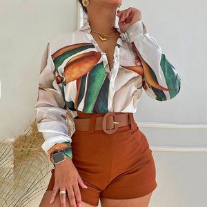 Print Two Piece Pants Women Casual Shirt and Shorts 2Pcs Set Long Sleeve Outfits Free Ship