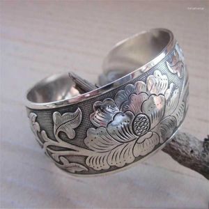 Bangle Retro Tibetan Silver Peony Tibet Flower открывается широко для женщин