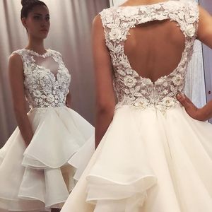 2022 Güzel Bir Çizgi Gelinlik Seksi Mücevher Boyun Illusion Sırt 3d Çiçek Çiçekleri Organza Terozlu Ruffles Gelin Gowns Artı Boyut Boyutu De Noiva