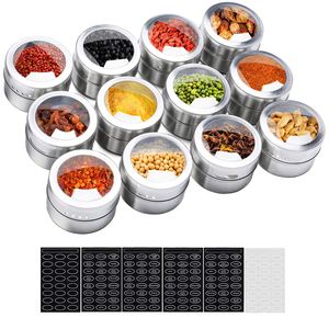 Magnetic Spice Jars Set With Spice Labels Stainless Steel Seasoning Pepper Kitchen Storage Jar Tins Shaker Lids MJ0864