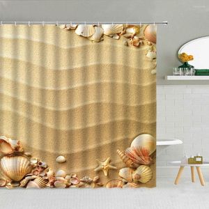 Shower Curtains Starfish Conch Sand Curtain Seaside Beach Holiday Scenery Bathroom Decor Bath Screen Waterproof Fabric Hooks Set