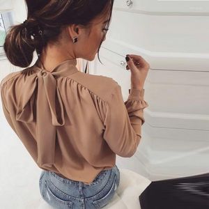 Women's Blouses Satin Casual Bow Tie Tops And Blouse Ladies Long Sleeve Bandage Fashion Office Lady Solid Collar Summer Elegant Blusa