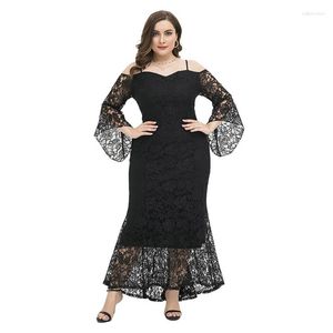 Casual Dresses 95AB Women Maxi Pencil Dress Flare 3/4 Sleeve Cold Shoulder Elegant Lace Overlay Asymmetrical Ruffle Hem Nightclub Party Gown