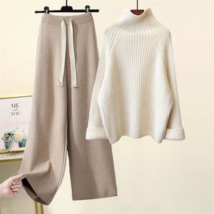 Womens Two Piece Pants Autumn Winter Women Knitted Set Turtleneck Long Sleeve Solid Pullover Sweater Casual Wide Leg Pant Outerwear Tracksuit 2 Pcs Set 221007